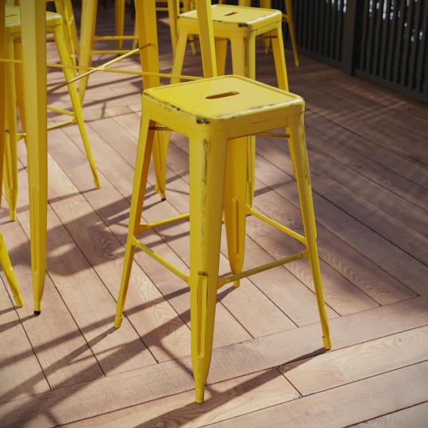 Lot # 2294 Flash Furniture Kai Commercial Grade 30" High Backless Distressed Yellow Metal Indoor-Outdoor Barstool