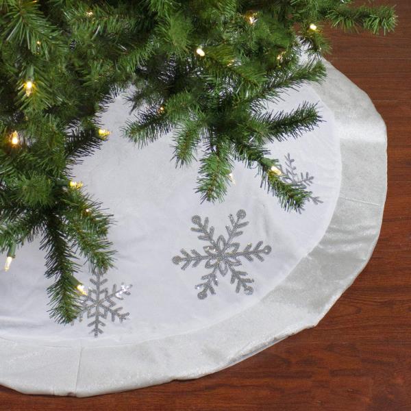 Lot # 668 48" White and Silver Embroidered Sequin Snowflakes Tree Skirt