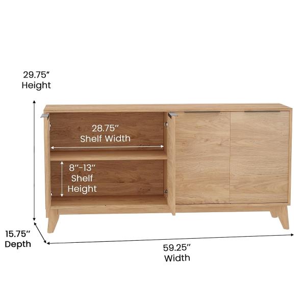 Lot # 1930 Flash Furniture Hatfield Mid-Century Modern 4 Door Storage Buffet - Light Natural Sideboard - 60 Inches - Soft Close Doors - Adjustable Shelves - Holds up to 64" TV's