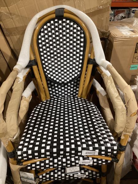 Lot # 1951 Flash Furniture Lourdes Indoor/Outdoor Commercial Thonet Bistro Stack Chair - Curved Arms - Black/White PE Rattan Back and Seat - Bamboo Print Metal Frame