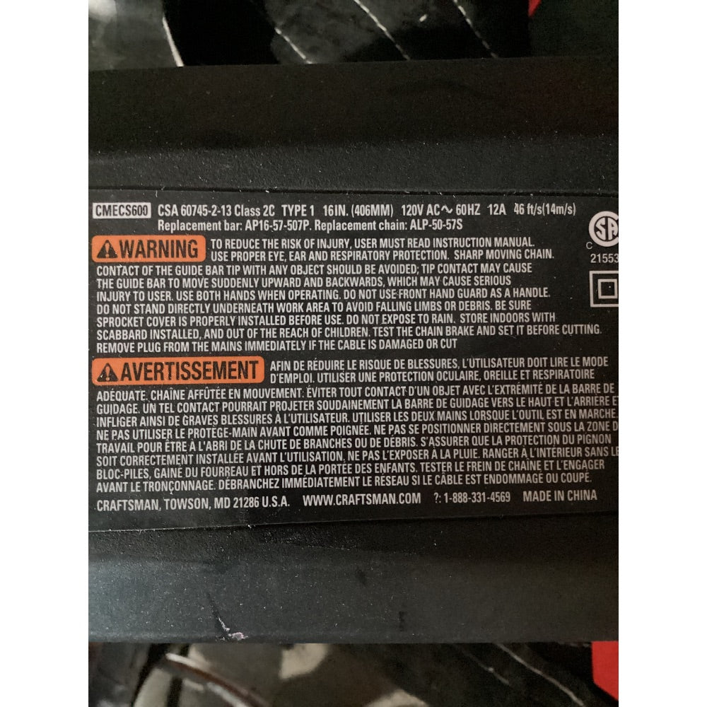 Lot # 1018 CRAFTSMAN CMECS600 Electric Chainsaw, 16in. Bar, 12A, Red and Black