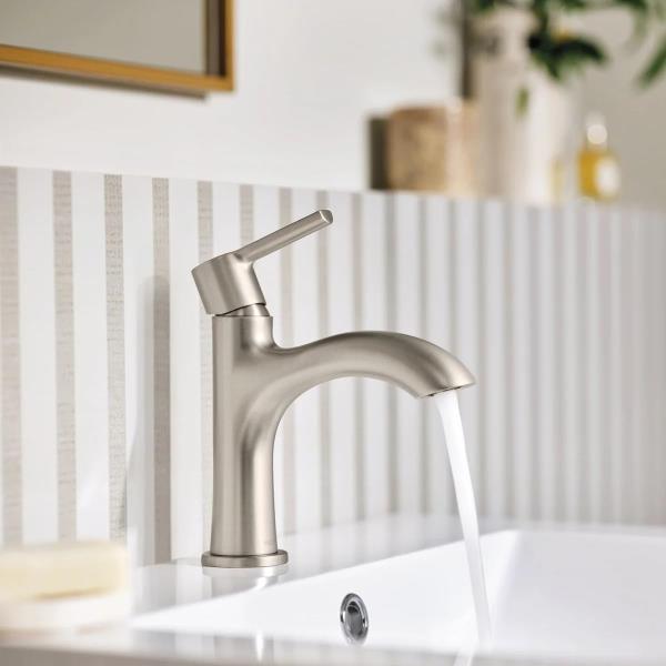 Lot # 2042 Moen Idris One-Handle Bathroom Faucet – Modern Deck Mount with Push-Down Drain – Optional 3-Hole Deckplate – 1.2 GPM (Brushed Nickel)