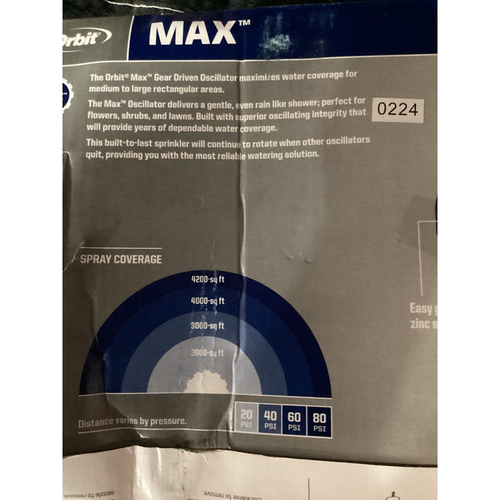 Lot # 1033 Orbit Max Gear Driven Oscillator Sprinkler - Large Yard Coverage, Up to 4200 sq ft, 64-ft Length, 70-ft Width, Gray and Blue