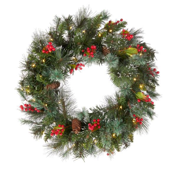 Lot # 1558 National Tree Company Pre-Lit Artificial Christmas Wreath, Green, Crestwood Spruce, White Lights, Decorated with Pine Cones, Berry Clusters, Frosted Branches, Christmas Collection, 24 Inches