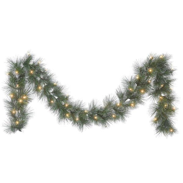 Lot # 1907 Puleo International 9 ft x 10 in Pre-lit Glitter-Accented Garland, 70 Tips, 50 B/O Warm White LED Lights, On/Off Timer Function