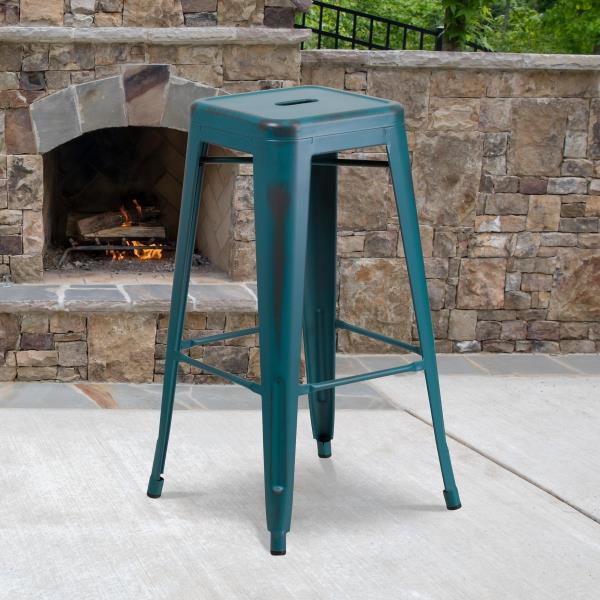 Lot # 2285 Flash Furniture Kai Commercial Grade 30" High Backless Distressed Kelly Blue-Teal Metal Indoor-Outdoor Barstool
