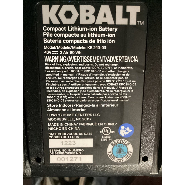 Lot # 1063 KOBALT KB 240-03 Compact Lithium-Ion Battery - 40V MAX, 2.0Ah