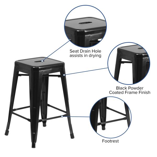 Lot # 2269 Flash Furniture Kai Commercial Grade 24" High Backless Black Metal Indoor-Outdoor Counter Height Stool with Square Seat