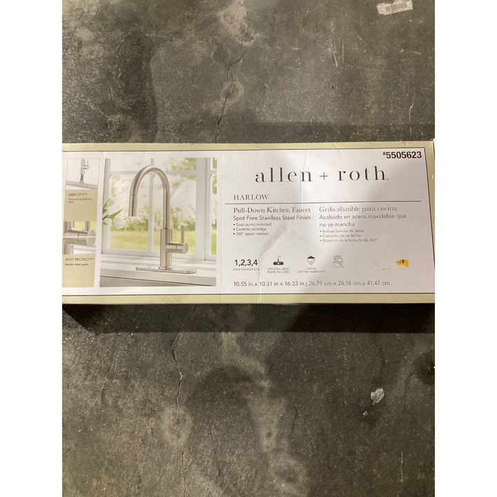 Lot # 1054 allen + roth HARLOW Pull-Down Kitchen Faucet, Spot Free Stainless Steel Finish, Soap Pump Included, Ceramic Cartridge, 360° Spout Rotation, Model 67894W-113402