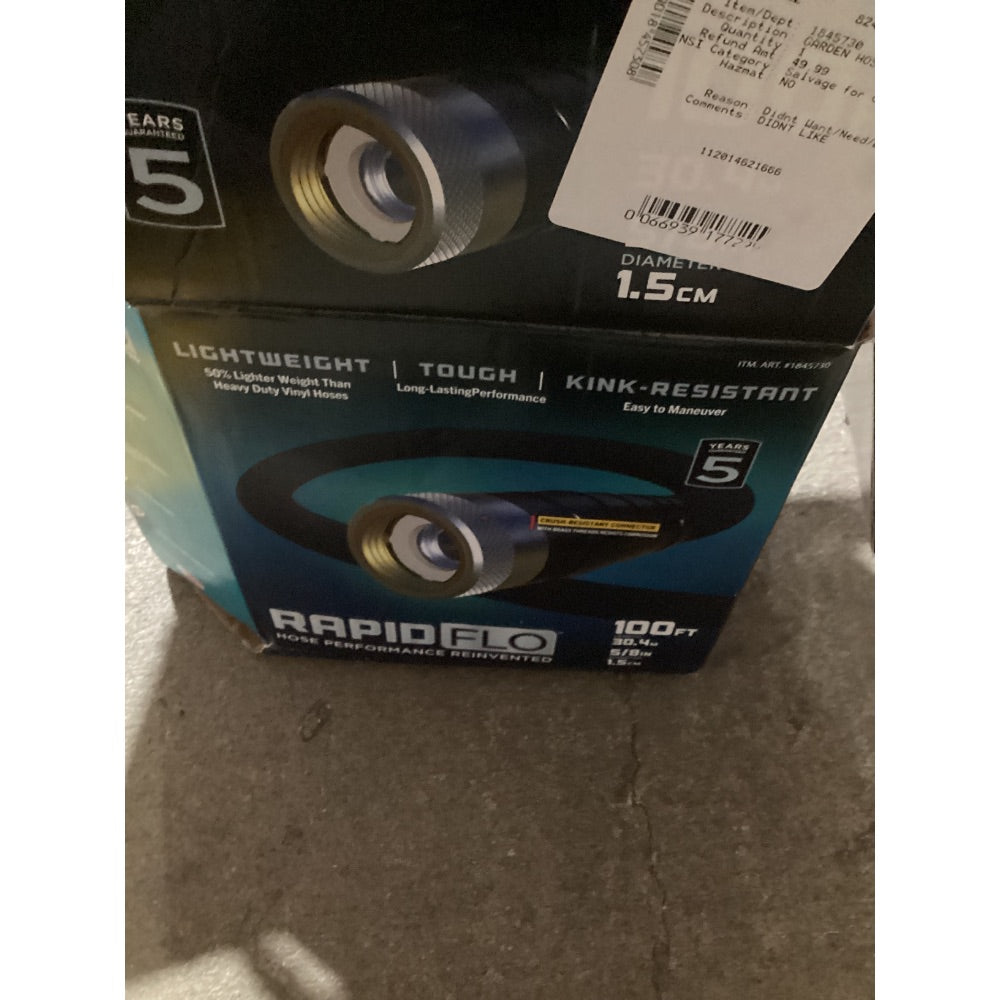 Lot # 1033 RAPIDFLO 100FT Black Garden Hose Model 1845730 $45