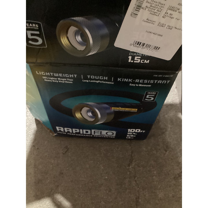 Lot # 1033 RAPIDFLO 100FT Black Garden Hose Model 1845730 $45