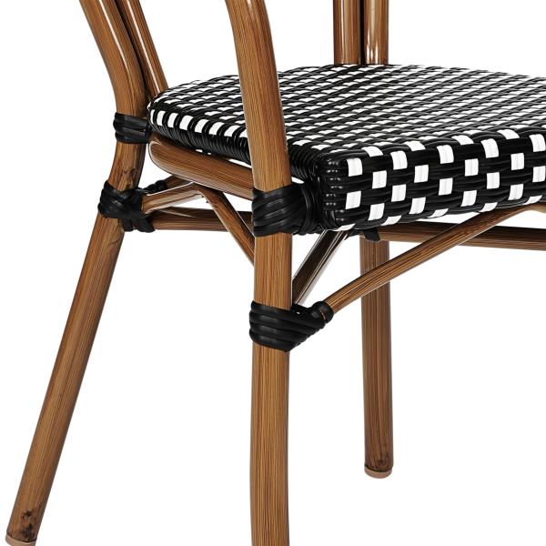 Lot # 1952 Flash Furniture Lourdes Indoor/Outdoor Commercial Thonet Bistro Stack Chair - Curved Arms - Black/White PE Rattan Back and Seat - Bamboo Print Metal Frame