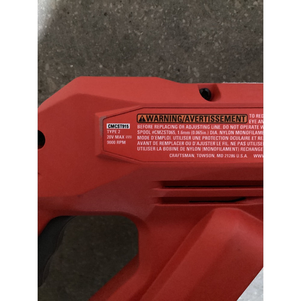 Lot # 1284 CRAFTSMAN 20V MAX Cordless String Trimmer CMCST915, 9000 RPM, Red-Black, Damaged Guard
