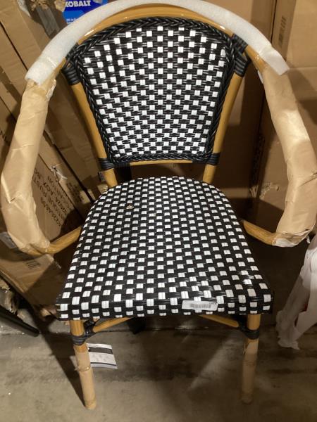 Lot # 1953 Flash Furniture Lourdes Indoor/Outdoor Commercial Thonet Bistro Stack Chair - Curved Arms - Black/White PE Rattan Back and Seat - Bamboo Print Metal Frame