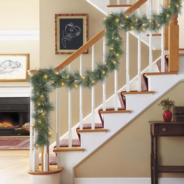 Lot # 1907 Puleo International 9 ft x 10 in Pre-lit Glitter-Accented Garland, 70 Tips, 50 B/O Warm White LED Lights, On/Off Timer Function