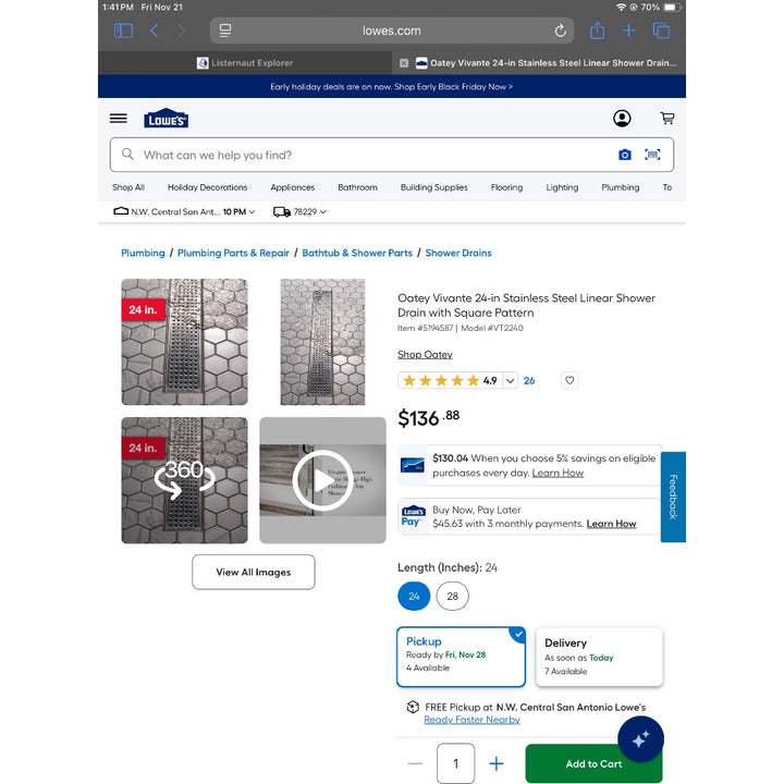 Lot # 1107 Oatey Vivante 24-in Stainless Steel Linear Shower Drain with Tile-In Cover $149