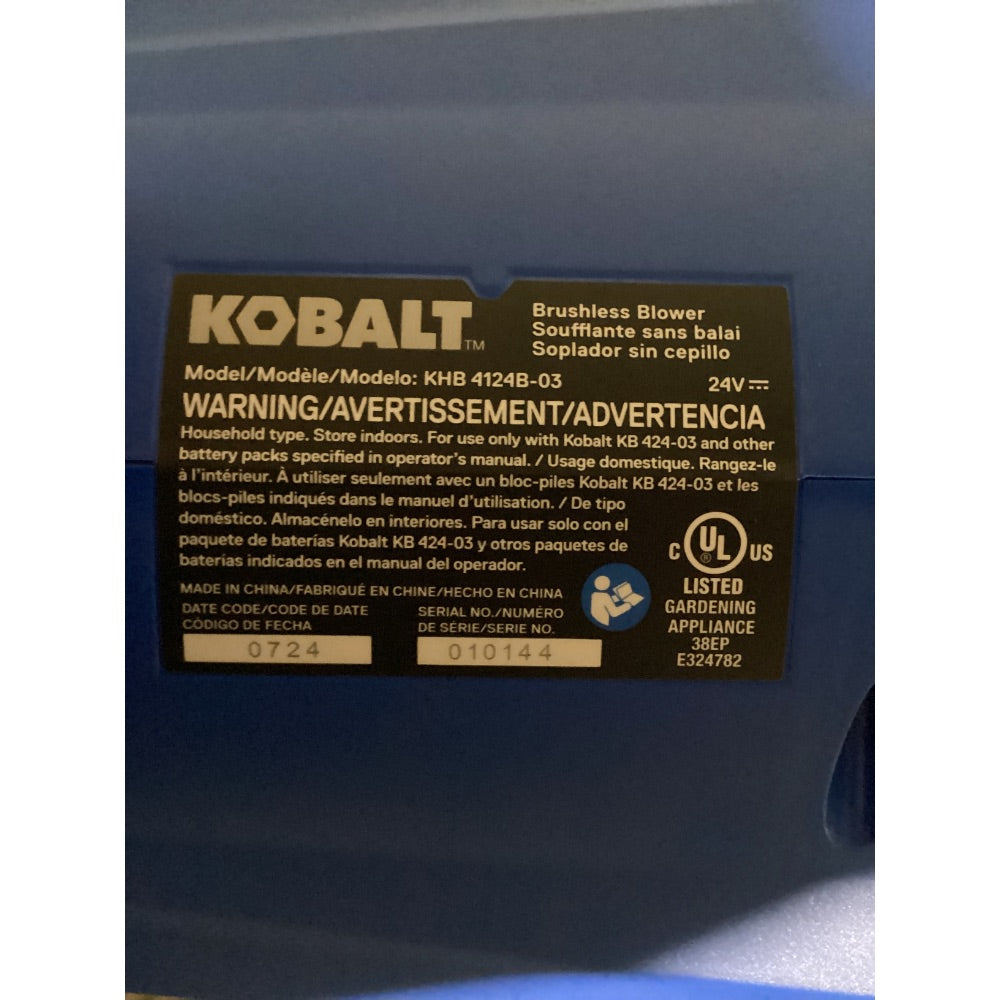 Lot # 1277 KOBALT Brushless Blower KHB 4124B-03, 24V Cordless, Blue and Black