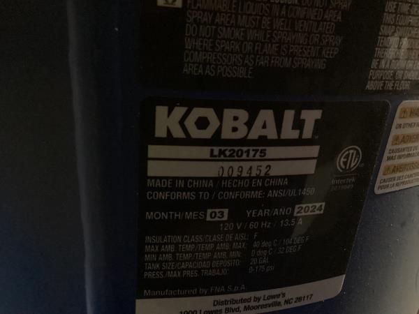 Lot # 2029 Kobalt 20-Gallon Portable Electric 175 PSI Vertical Air Compressor $259