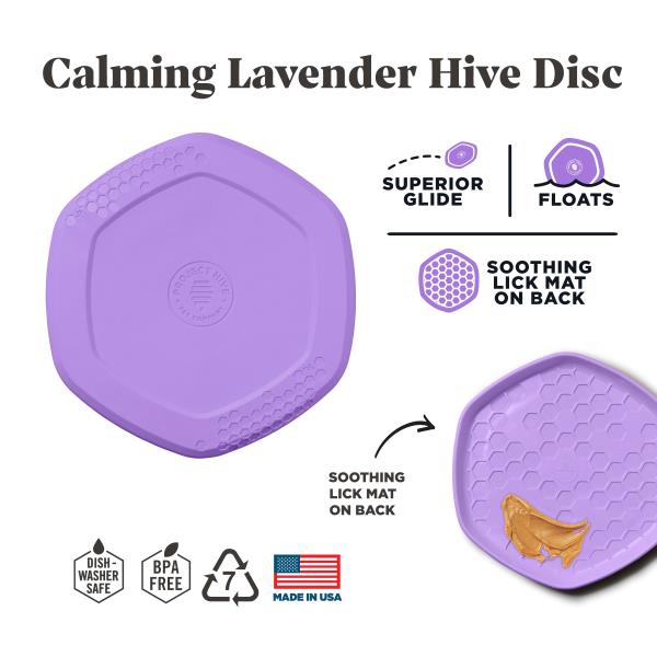 Lot # 1215 PROJECT HIVE ·PET COMPANY· - Calming Lavender Scented - Hive Frisbee Disc for Dogs - Great for Fetch - Includes a Lick mat on Back - Floats in Water, Smooth Glide - Made in The USA