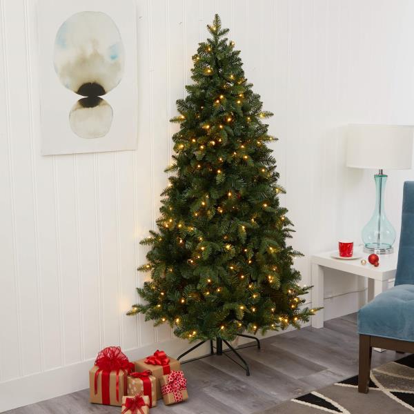 Lot # 1551 Nearly Natural 6ft. Grand Teton Spruce Flat Back Artificial Christmas Tree with 180 Clear LED Lights and 727 Bendable Branches