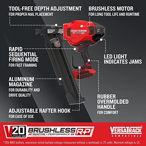 CRAFTSMAN V20 Brushless RP 3-1/4-in 21-Degree Cordless Roundhead Framing Nailer (Battery and Charger Not Included)