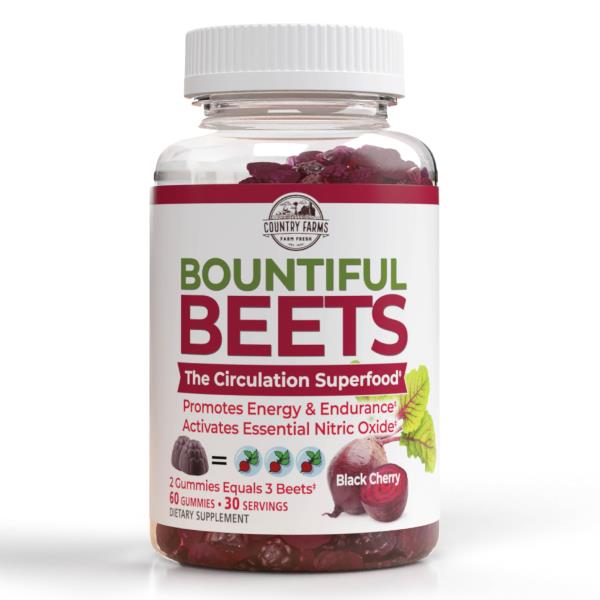 Lot # 416 COUNTRY FARMS Bountiful Beets Gummies, Circulation Superfood, Promotes Energy and Endurance, Nitric Oxide Booster, 30 Servings, White, 60 Count