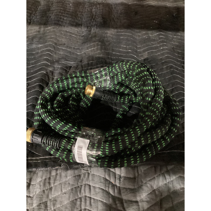 Lot # 1023 Generic Expandable Garden Hose, Flexible, Brass Fittings, Black with Green Stripes