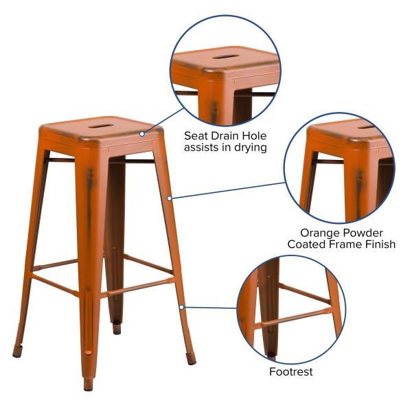 Lot # 2262 Flash Furniture Kai Commercial Grade 30" High Backless Distressed Orange Metal Indoor-Outdoor Barstool