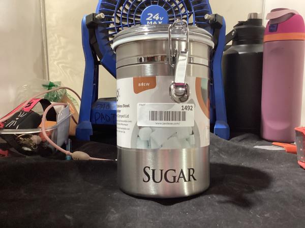Lot # 1492 Oggi Stainless Steel Sugar Canister 62 fl oz - Airtight Clamp Lid, Clear See-Thru Top - Ideal Sugar Container for Countertop, Sugar Jar, Bulk Sugar Storage. Large Size 5" x 7.5".