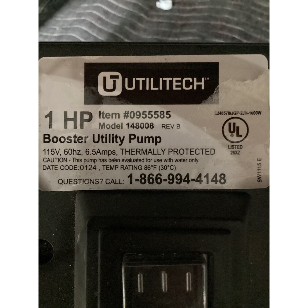 Lot # 1013 UTILITECH Booster Utility Pump Model 148008, 1 HP, 115V, Thermally Protected, Stainless Steel