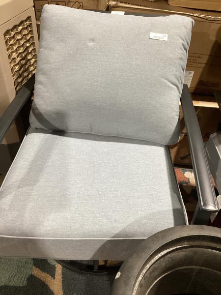Lot # 2046 Metal outdoor bench with light aqua cushions $199