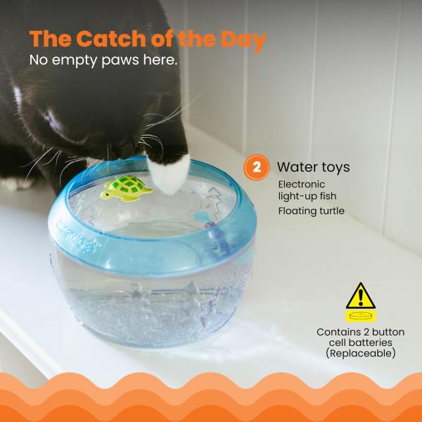 Lot # 410 Catstages Meow-smerizing Fish Bowl for Cats with Two Water Cat Toys, Electronic Swimming Fish and Floating Turtle Included, Blue