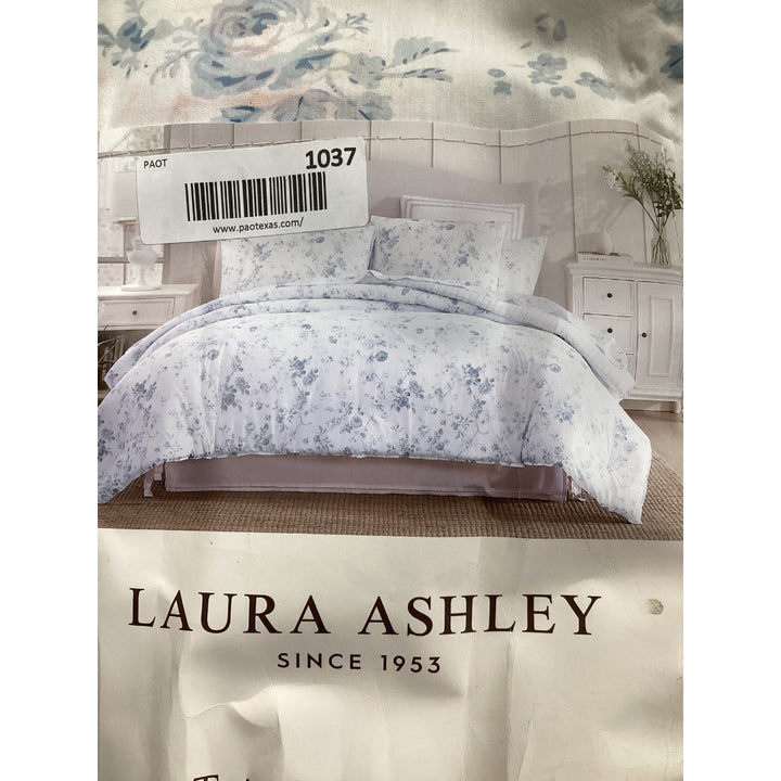 Lot # 1037 Laura Ashley Twin Comforter Set, Elegant Blue and White Floral Pattern