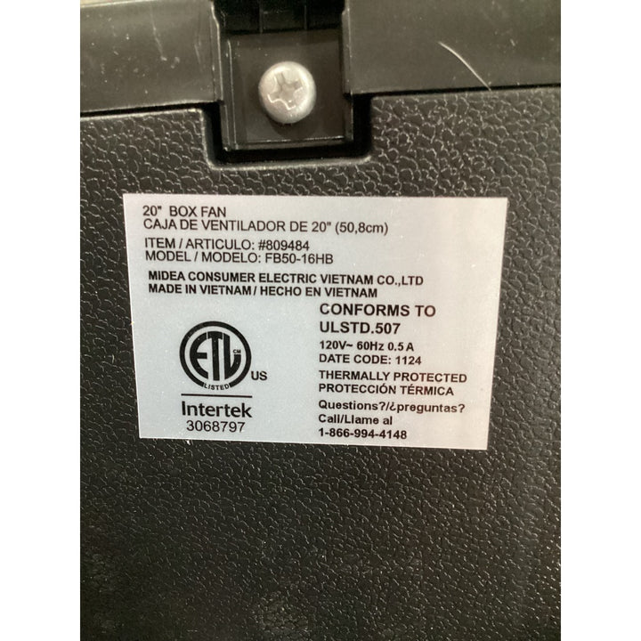 Lot # 1036 Utilitech 20 Inch Box Fan, Model FB50-16HB, Black, ETL Listed, Thermally Protected