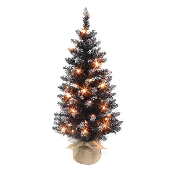 Lot # 1582 3 ft Pre-lit Black Tree, 97 Tips, 50 UL Clear Incandescent Lights, Burlap Base