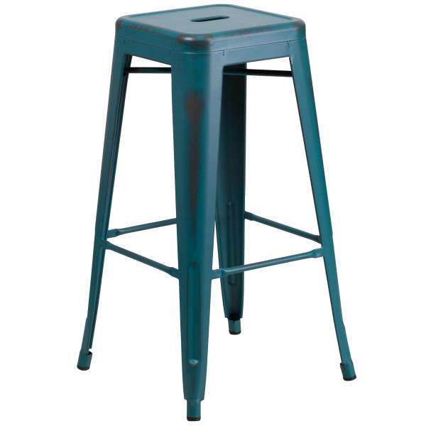 Lot # 2285 Flash Furniture Kai Commercial Grade 30" High Backless Distressed Kelly Blue-Teal Metal Indoor-Outdoor Barstool