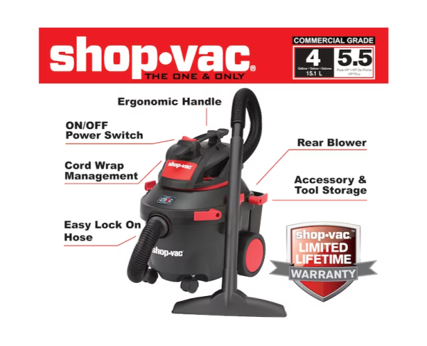 Shop-Vac 4-Gallon 5.5-HP Corded Wet/Dry Shop Vacuum with Accessories Included (open box)