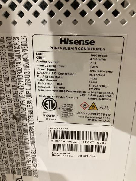 Lot # 2203 Hisense 115-Volt Portable Air Conditioner $299