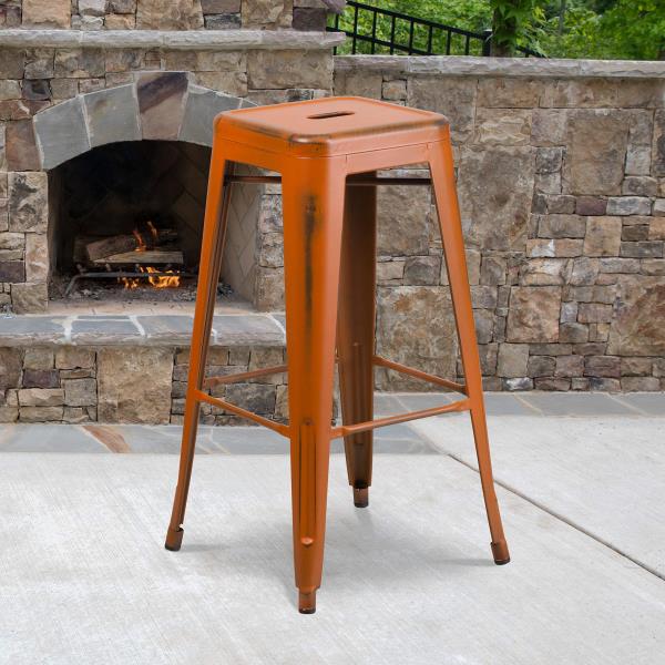 Lot # 2262 Flash Furniture Kai Commercial Grade 30" High Backless Distressed Orange Metal Indoor-Outdoor Barstool