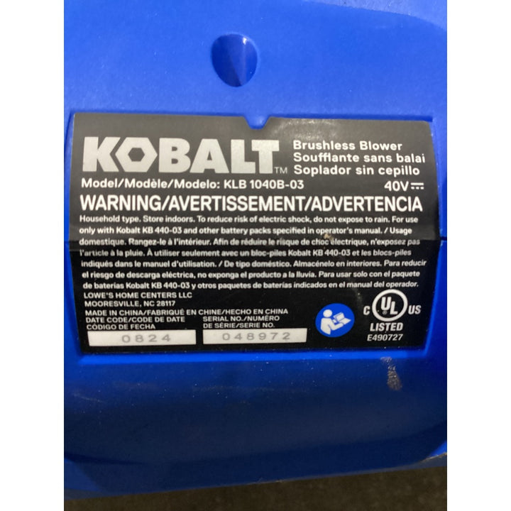 Lot # 1294 KOBALT Brushless Blower KLB 1040B-03, 40V MAX, 180 MPH, Cordless, Blue and Black