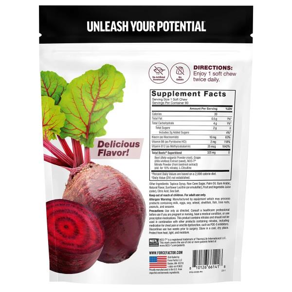 Force Factor Total Beets Chews, 90 Soft Chews,  Grapeseed Extract, B Vitamins