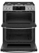 GE 30" Smart Gas Range with 5 Burners and Fingerprint-Resistant Slide-In Double Oven